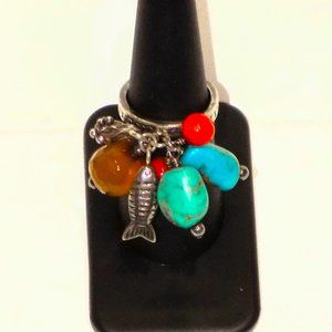 Size 6.5 Vintage SX 925 Sally C Treasures Charm Sterling Ring.  Turquoise, Coral